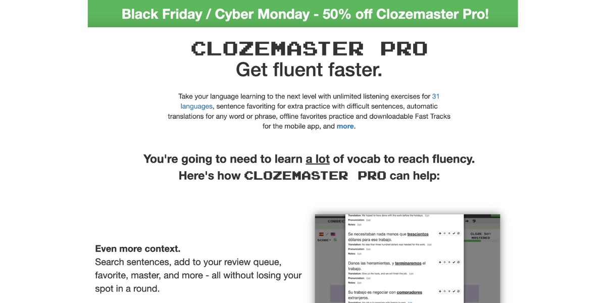 clozemaster language learning gamification tool black friday