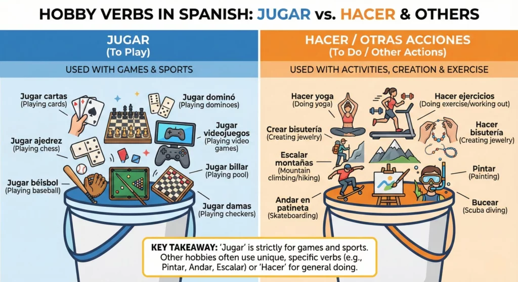jugar vs hacer hobbies spanish learning infographic