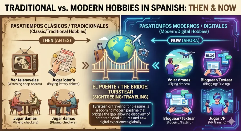 spanish hobbies traditional vs modern infographic